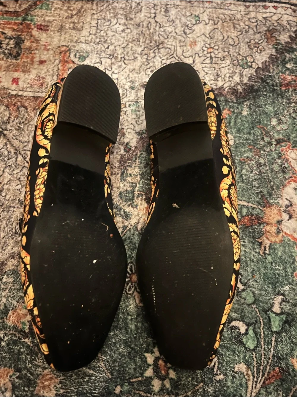 Black Loafers with Gold Baroque Print
